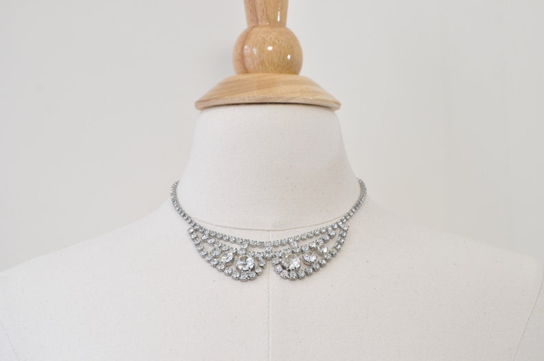 50s Rhinestone Necklace Vintage 1950s 1960s White Crystal Silver Choker Collar Bib Costume Jewelry Wedding Prom Bridal Evening Cocktail
