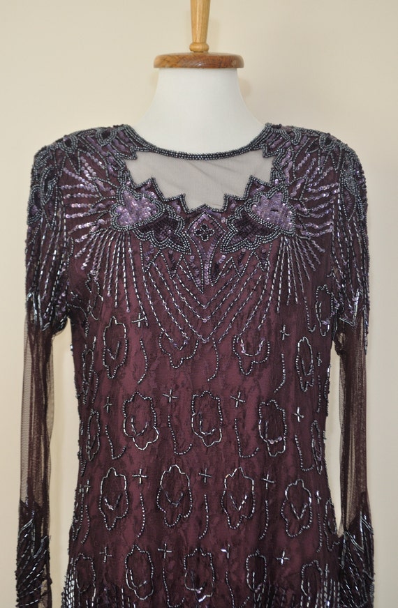 Vintage Beaded Lace Dress Maroon / Women Large / … - image 2