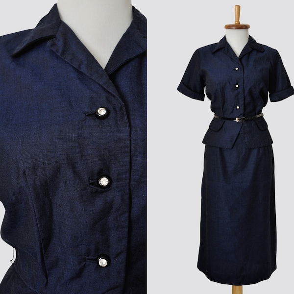 50er Jahre Marine Anzug / Vintage 1950er Kleid Tailliertes Rock Set / 40er Jahre Kurzarm Jacke Blazer Strass Blau Schwarz Schößchen / Frauen S / Ike Clark