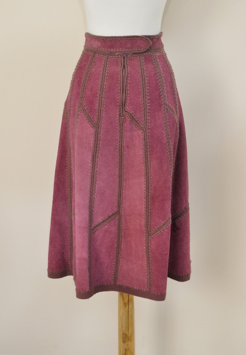 70s Patchwork Skirt Vintage 1970s Purple Suede Leather Crochet High Waisted A Line Midi Women Medium 60s Boho Hippie Bohemian Festival