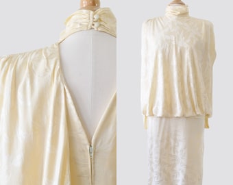 1980s Floral Silk Dress / Medium Large Women / Vintage 80s Off White Satin Drop Waist Midi / Short Wedding Does 20s Great Gatsby Party Cream