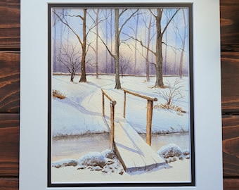 Snowy Wooded Bridge Watercolor Painting