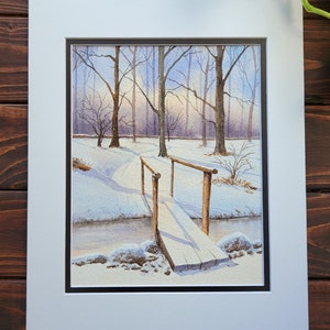 Snowy Wooded Bridge Original Watercolor Painting