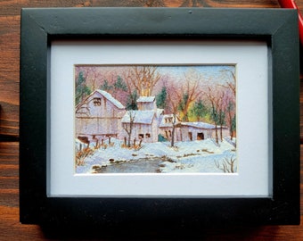 Mini Winter Snowy Farm Watercolor Painting