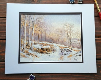 Snowy Trail Through Winter Woods Watercolor Painting