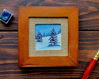 Tiny Snowy Woods Painting, Original Watercolor Painting, 2 inch Painting, Mini Winter Scene Art