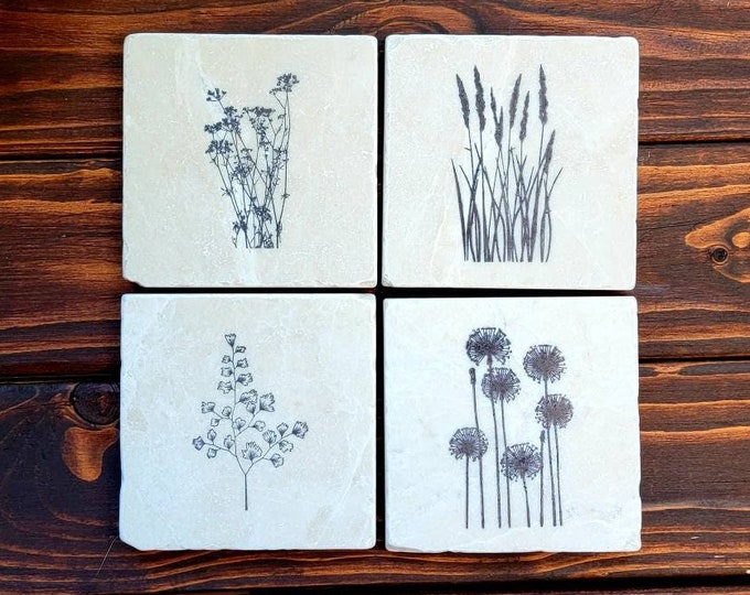 Field Plants Stone Coaster Set, Plant Coasters, Dandelions, Grass