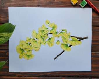 Fall Ginkgo Watercolor Print, Fall Leaves, Ginkgo Leaf, Gingko Tree Branch, Ginkgo Watercolor