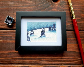 Mini Snowy Woods Painting, Christmas Painting, Original Watercolor Painting, Mini Winter Scene Art