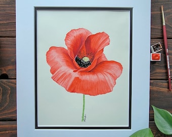 Watercolor Poppy Flower, Original artwork, Watercolor Decor, Veteran's Flower