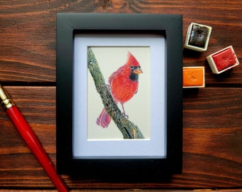 Mini Male Cardinal Bird Watercolor Painting, Original Watercolor, Wildlife Bird Art