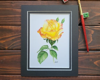 Yellow and Red Rose Watercolor Print 8x10 inch