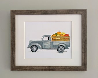 Watercolor Old Truck of Pumpkins, Fall Decor, Watercolor Print, Farmhouse Decor, Farm Truck Print, Pumpkins on Truck Painting