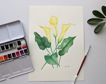 Yellow Calla Lily Watercolor Painting, Original Botanical Watercolor, Yellow Floral Home Decor