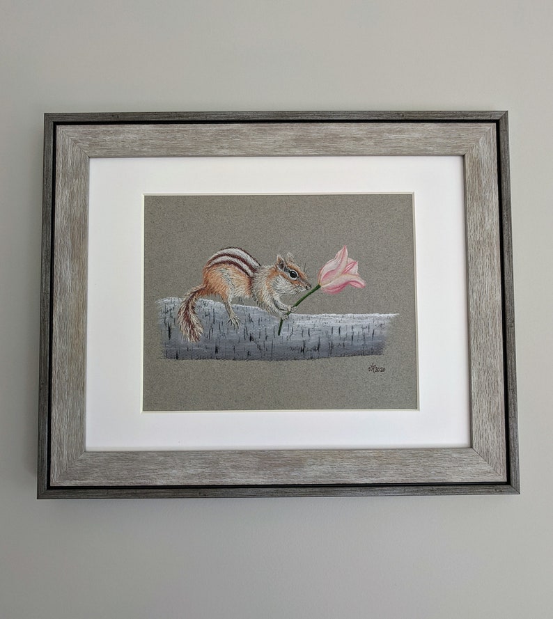 Chipmunk Pastel Drawing, Original Chipmunk Art, Small Animal Decor, Chipmunk Holding Tulip image 2