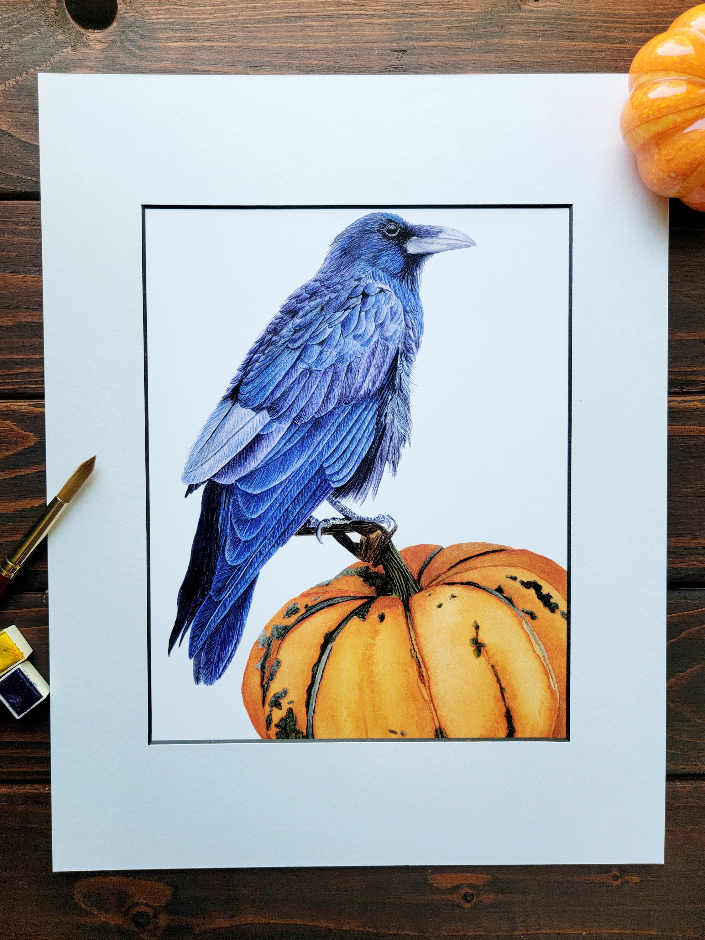 Raven Watercolor Print, Halloween Art, Fall Decor, Pumpkin Painting ...