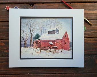 Snow Covered Red Barn Winter Landscape Watercolor Painting