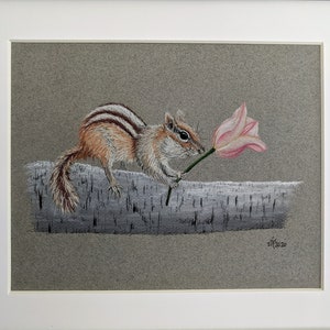 Chipmunk Pastel Drawing, Original Chipmunk Art, Small Animal Decor, Chipmunk Holding Tulip image 3