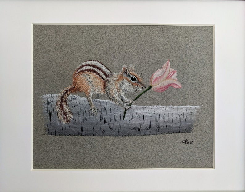 Chipmunk Pastel Drawing, Original Chipmunk Art, Small Animal Decor, Chipmunk Holding Tulip image 3