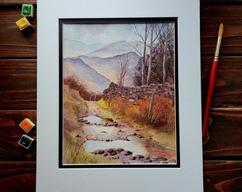 Autumn Walking Path Watercolor Painting, Mountains, Fall Decor