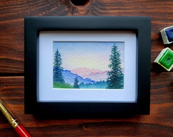 Mini Mountain Watercolor Painting, Sunset Landscape in Watercolor, Tiny Artwork, Blue Ridge Mountains, Original Artwork