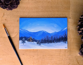 Cabin in the Mountains Painting, Small Landscape Painting, Winter Cabin Painting, Original Painting Gift