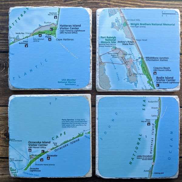 OBX Map Coaster Set, Outer Banks NC Coasters, Beach House Gift, Hatteras Coasters, Kitty Hawk Map Coasters, OBX Gift, Beach Decor