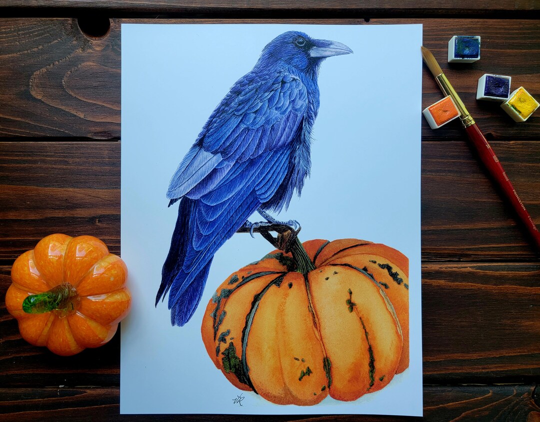 Raven Watercolor Print, Halloween Art, Fall Decor, Pumpkin Painting ...