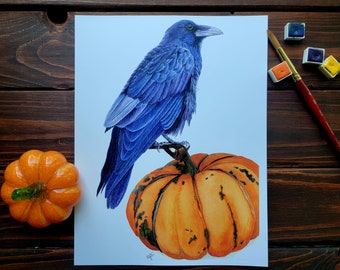 Raven Watercolor Print, Halloween Art, Fall Decor, Pumpkin Painting, Original artwork