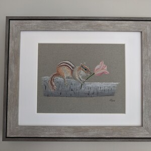 Chipmunk Pastel Drawing, Original Chipmunk Art, Small Animal Decor, Chipmunk Holding Tulip image 6