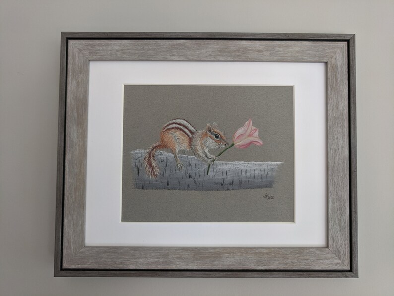 Chipmunk Pastel Drawing, Original Chipmunk Art, Small Animal Decor, Chipmunk Holding Tulip image 6