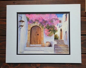 Spring Italian Door Watercolor Painting, Wooden Door, Summer Decor, Architecture Painting