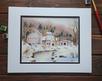 Winter Barns Snowy Landscape Watercolor Painting