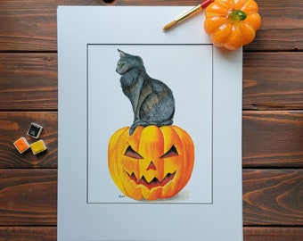 Halloween Cat Watercolor Print, Cat on Pumpkin, Black Cat Art,  Halloween Decor, Fall Decor