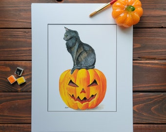 Halloween Cat Watercolor Print: Black Cat on Pumpkin, Fall Decor
