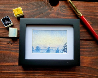 Mini Snowy Mountain Watercolor Painting, Foggy Sunset Landscape in Watercolor, Blue Ridge Mountains, Original Artwork