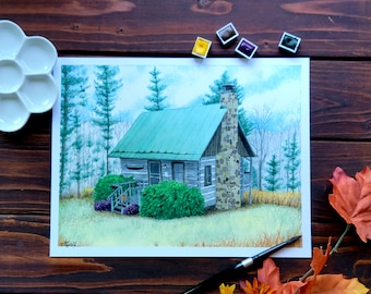 Watercolor Cabin Print, Fall Mountain Cabin Print, Fall Artwork, West Virginia Mountains