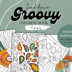Può includere: Un libro da colorare con un tema groovy. La copertina presenta la parola "Groovy" in un carattere audace disegnato a mano. Il libro include 20 pagine di disegni da colorare, tra cui un sole, fiori e motivi paisley.