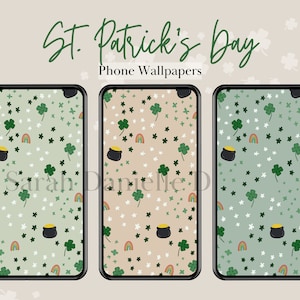 Könnte beinhalten: Drei Handy-Hintergrundbilder mit St. Patricks Day-Motiv. Die Hintergrundbilder zeigen einen grünen, beigefarbenen und blauen Hintergrund mit einem sich wiederholenden Muster aus Kleeblättern, Regenbögen und Goldtöpfen.