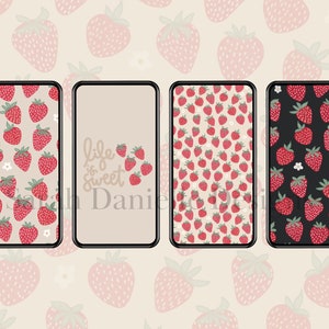 May include: Four phone screen mockups with different strawberry patterns. The first mockup has a red and white strawberry pattern on a white background. The second mockup has a beige background with the text "life is sweet". The third mockup has a red and white strawberry pattern on a beige background. The fourth mockup has a red and white strawberry pattern on a black background.