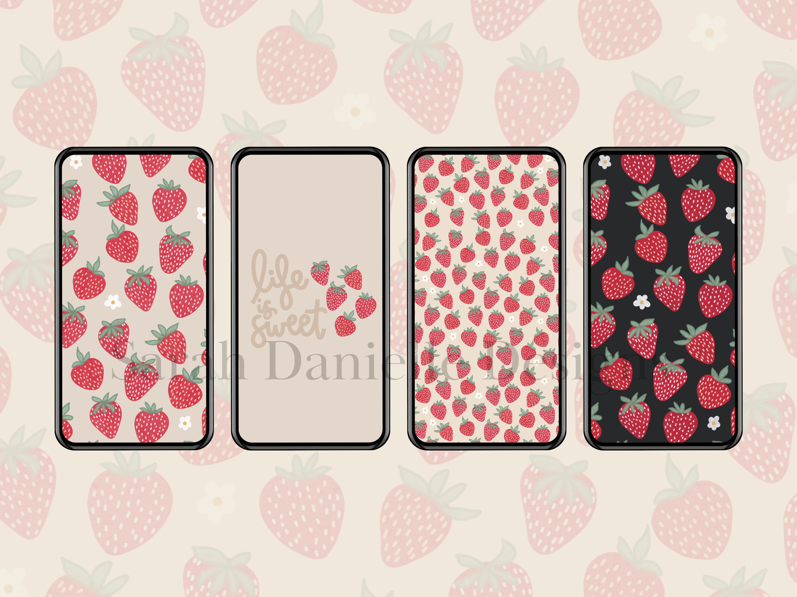Strawberry Pattern Phone Wallpaper | Summer iPhone Background Digital Download