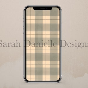 May include: A beige and gray plaid pattern on a smartphone screen. The screen is surrounded by a black frame. The text "Sarah Danielle Designs" is visible at the bottom of the screen.