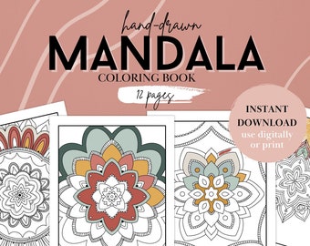 May include: A digital coloring book featuring 12 hand-drawn mandala designs. The cover shows a sample mandala with intricate details in black and white.