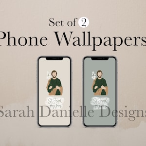 Könnte beinhalten: Set mit zwei Handy-Hintergrundbildern mit einer digitalen Illustration des Heiligen Josef, der eine Lilie hält. Der Text "St. Josef, bitte für uns" steht auf jedem Hintergrundbild. Ein Hintergrundbild hat einen beigefarbenen Hintergrund, das andere einen hellblauen Hintergrund.