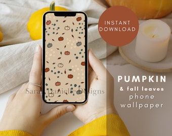 Pompoenen &Fall Leaves Phone Wallpaper | Telefoon Achtergrond Instant Digital Download