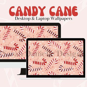 Könnte beinhalten: Desktop- und Laptop-Hintergrundbilder mit einem roten und weißen Zuckerstangenmuster auf rosa Hintergrund mit weißen Schneeflocken.