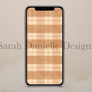 May include: A digital phone screen with a brown and white plaid pattern.