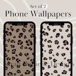 May include: Set of two phone wallpapers featuring a brown and black leopard print pattern. The wallpapers are displayed on a black iPhone mockup.