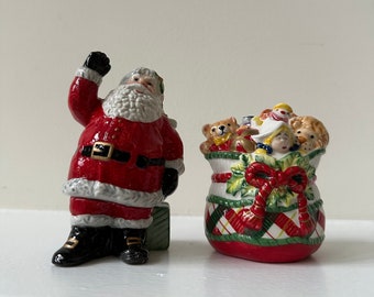 Fitz and Floyd Ceramic Santa and Bag Salt and Pepper Shakers in Original Box