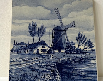 Delft-style Blue and White Dutch Windmill Scenic Landscape Tile